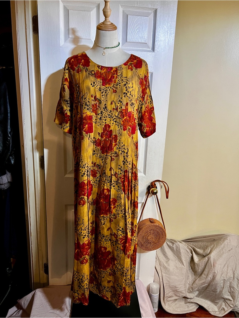 Vtg California Krush Wms Floral Pleated Animal Print Retro 90s Midi Dress XL